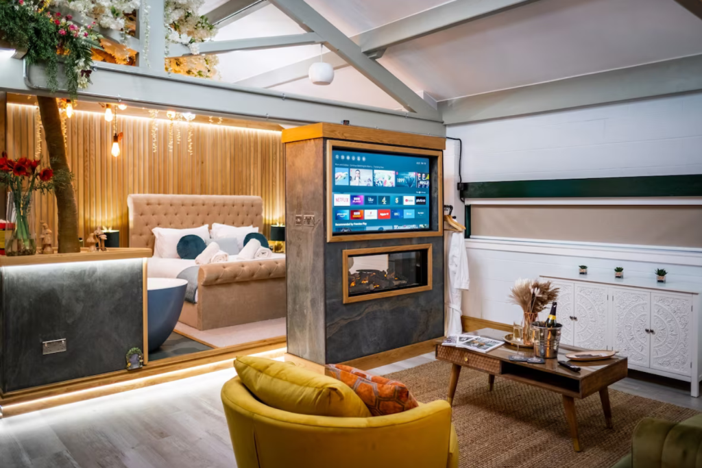 1 layout of apartment with tv and fireplace in the middle with bed in it